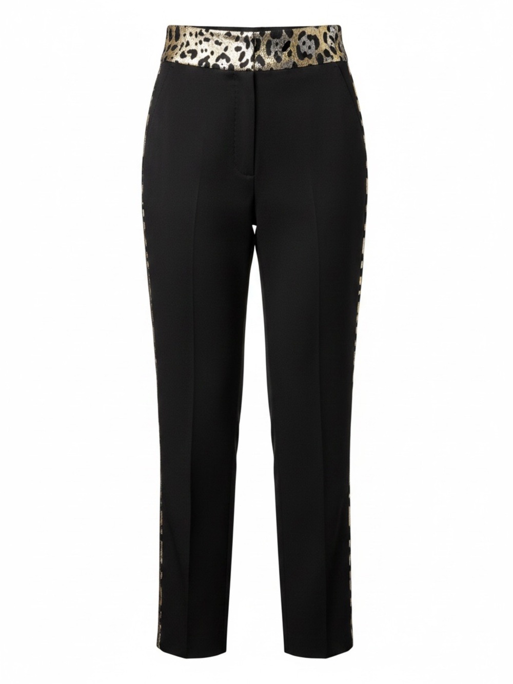 Dolce & Gabbana Black Straight-Leg Pants with Gold Leopard Waistband
